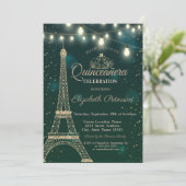 Gold Eiffel Tower Stars Green Quinceañera Kaart (Staand voorkant)