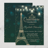 Gold Eiffel Tower Stars Green Quinceañera Kaart (Voorkant / Achterkant)