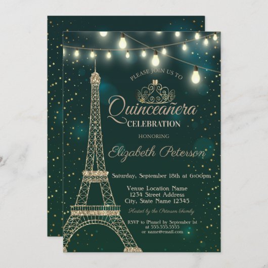 Gold Eiffel Tower Stars Green Quinceañera Kaart (Voorkant / Achterkant)