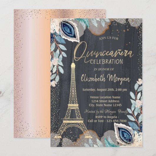 Gold Eiffeltoren, bloemen, Roos Gold Quinceanera Kaart (Voorkant / Achterkant)