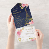 Gold Eiffeltower Blush Pink Floral Baby shower All In One Uitnodiging (Afscheurbaar)