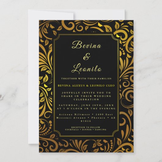 Gold Elegant Botanische Naadloze Script M | Wedden Kaart (Voorkant)