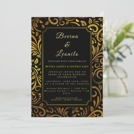 Gold Elegant Botanische Naadloze Script M | Wedden Kaart (Staand voorkant)