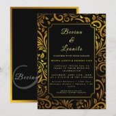 Gold Elegant Botanische Naadloze Script M | Wedden Kaart (Voorkant / Achterkant)