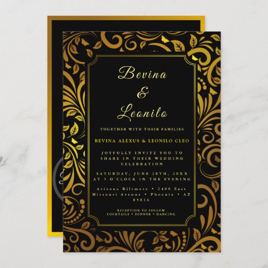 Gold Elegant Botanische Naadloze Script M | Wedden Kaart (Voorkant / Achterkant)