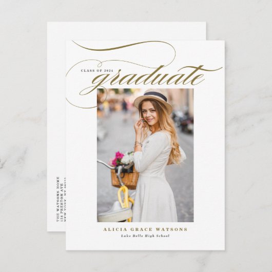 Gold Elegant Calligraphy Photo Afstuderen Aankondigingskaart (Voorkant / Achterkant)