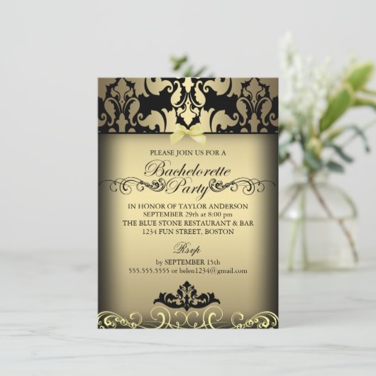 Gold Elegant Damask Bachelorette Party Uitnodigen Kaart (Staand voorkant)