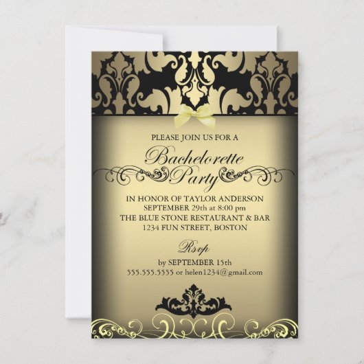Gold Elegant Damask Bachelorette Party Uitnodigen Kaart (Voorkant)