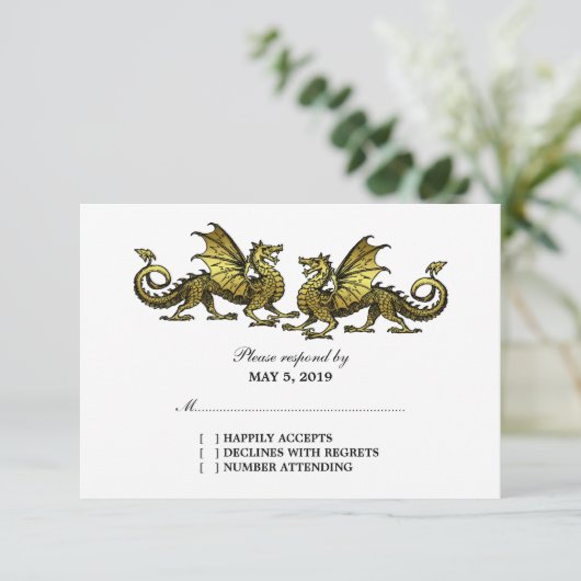 Gold Elegant Dragons Wedding Response Kaart (Staand voorkant)