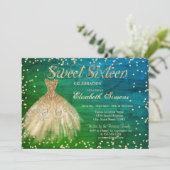 Gold Elegant Dress Diamonds Green Sweet 16 Kaart (Staand voorkant)