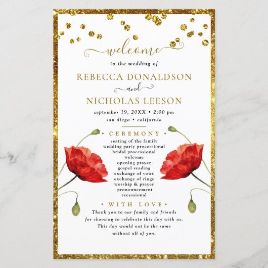 Gold Elegant Floral Calligraphy Wedding Programme (Voorkant)