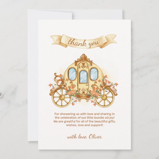 Gold Elegant Flower Prince Carriage Baby Shower  Bedankkaart (Voorkant)