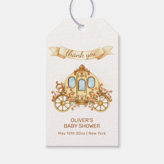 Gold Elegant Flower Prince Carriage Baby Shower Cadeaulabel (Voorkant)