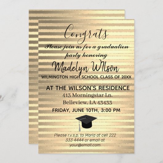 Gold Elegant Glam Afstuderen Invitation Kaart (Voorkant / Achterkant)