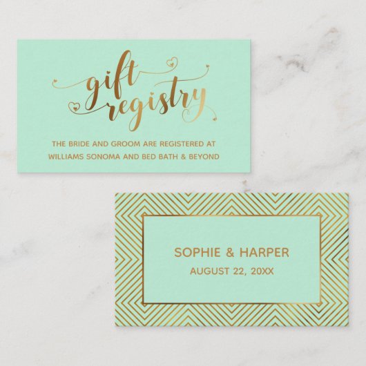Gold Elegant Hearts Script op Mint Gift Registry Informatiekaartje (Voorkant / Achterkant)