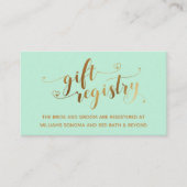 Gold Elegant Hearts Script op Mint Gift Registry Informatiekaartje (Voorkant)