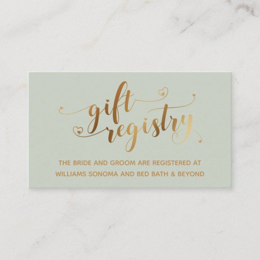 Gold Elegant Hearts Script, Sage Gift Registry Informatiekaartje (Voorkant)