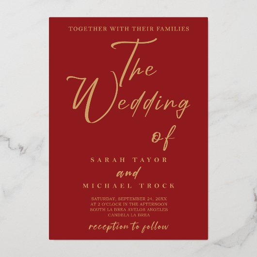 Gold Elegant-kalligrafie | Uitnodiging tot rode br (Voorkant)