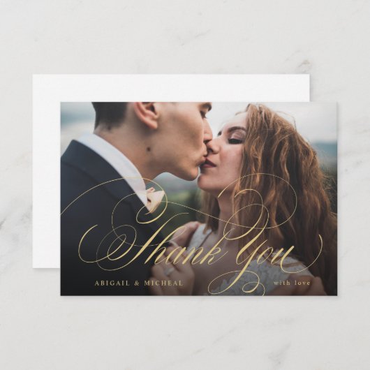 Gold elegant klassiek kalligrafiefotoirhuwelijk bedankkaart (Voorkant / Achterkant)