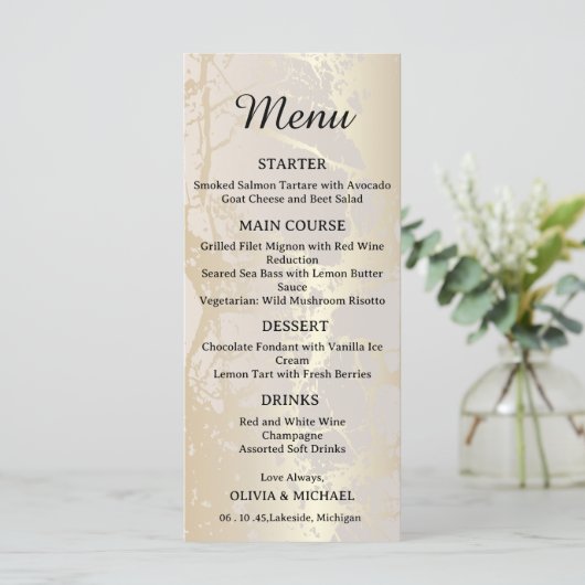  Gold Elegant Luxury Marble Abstract Wedding Menu  (Staand voorkant)