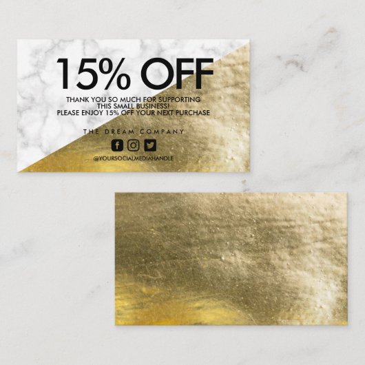 Gold Elegant Marble Discount Hartelijk dank Visitekaartje (Voorkant / Achterkant)
