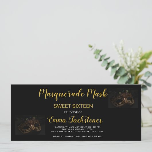 Gold Elegant Masquerade maskerade Theme Sweet Sixt Kaart (Staand voorkant)
