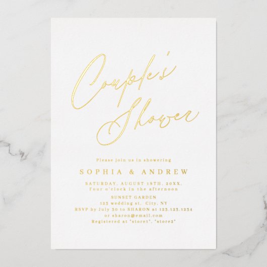 Gold elegant modern script met minimale paren douc folie uitnodiging (Voorkant)