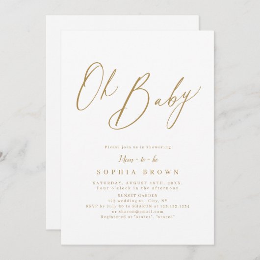 Gold elegant modern script minimaal baby shower kaart (Voorkant / Achterkant)