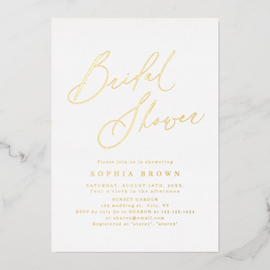 Gold elegant modern script minimaal vrijgezellenfe folie uitnodiging (Voorkant)