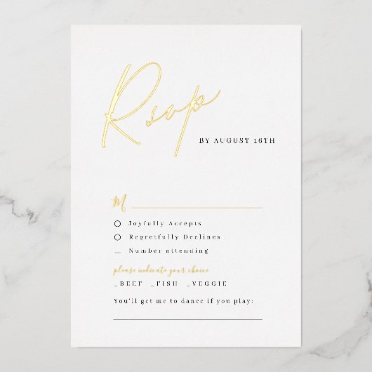 Gold elegant modern script minimalistisch bruiloft folie uitnodiging (Voorkant)