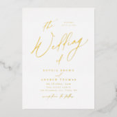 Gold elegant modern script minimalistisch huwelijk folie uitnodiging (Voorkant)