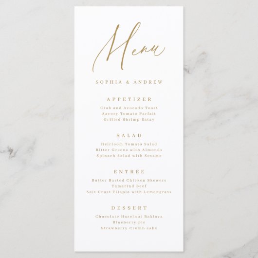 Gold elegant modern script minimalistisch huwelijk menu (Voorkant)