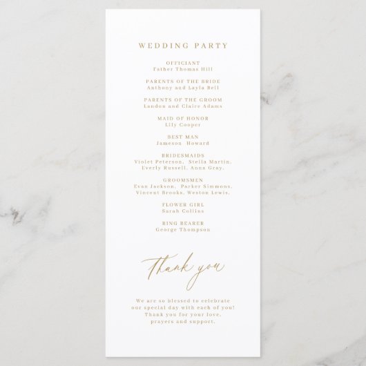 Gold elegant modern script minimalistisch huwelijk programmakaart (Achterkant)