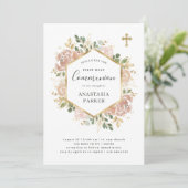 Gold Elegant Neutral Floral | Eerste Heilige Commu Kaart (Staand voorkant)