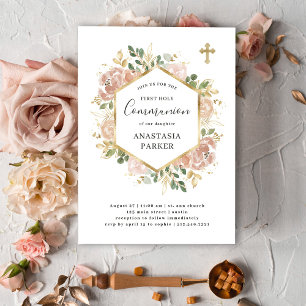 Gold Elegant Neutral Floral Eerste Heilige Commu Kaart