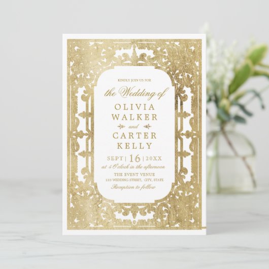 Gold elegant  romantisch vintage bruiloft kaart (Staand voorkant)