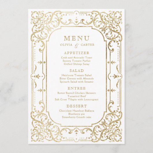 Gold elegant romantisch  vintage bruiloft menu (Voorkant)