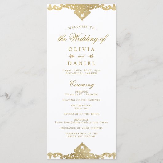Gold elegant romantisch  vintage bruiloft programmakaart (Voorkant)