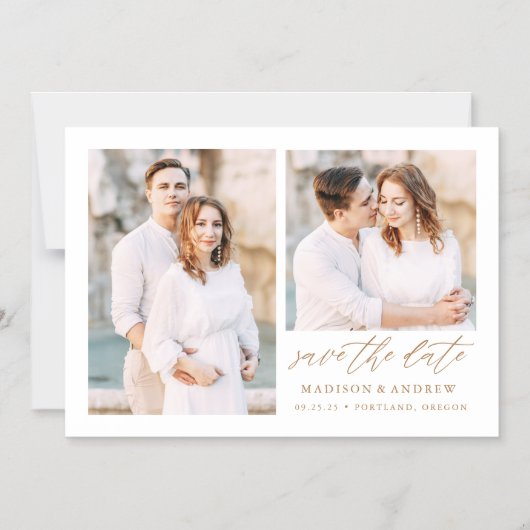 Gold Elegant Script 2 Foto slaat de datum op Magnetische Uitnodiging (Voorkant)