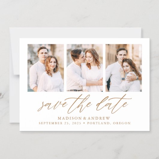 Gold Elegant Script 3 Fotocollage slaat de datum o Magnetische Uitnodiging (Voorkant)