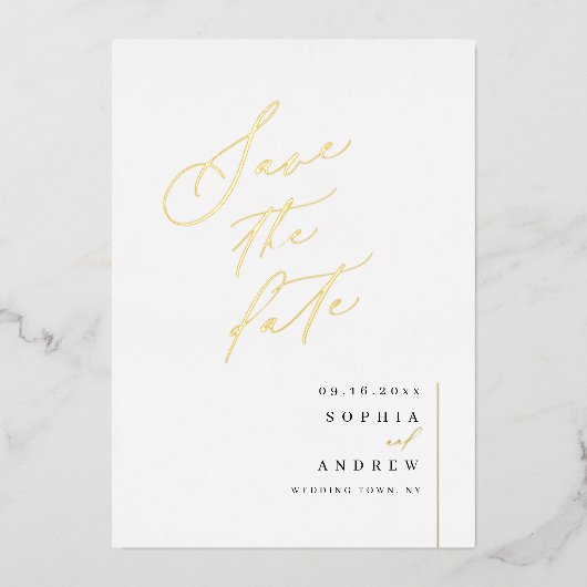 Gold elegant script minimaliseert opslagdatum folie uitnodiging (Voorkant)