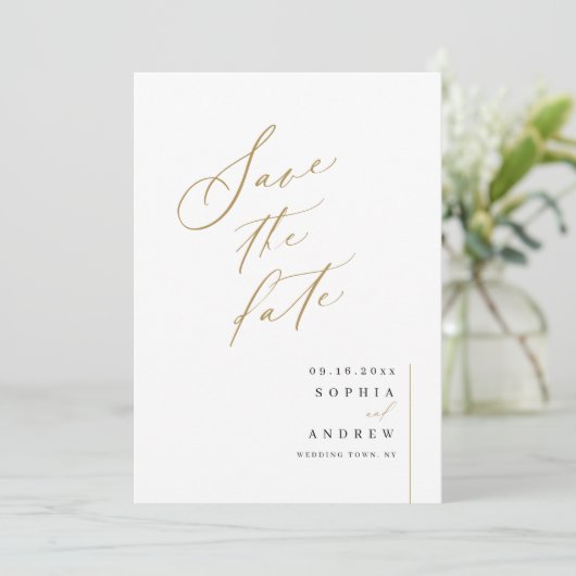 Gold elegant script minimalistisch huwelijk save the date (Staand voorkant)