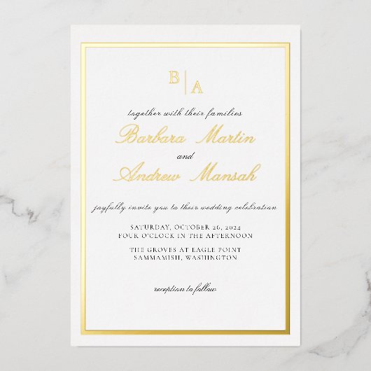 Gold Elegant Script Minimalistische bruiloft Folie Uitnodiging (Voorkant)