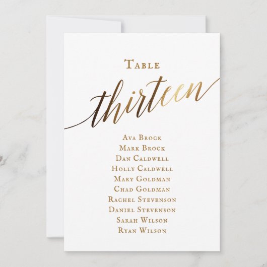 Gold Elegant Script Table Number 13 Seating Chart Kaart (Voorkant)