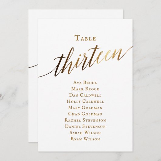 Gold Elegant Script Table Number 13 Seating Chart Kaart (Voorkant / Achterkant)