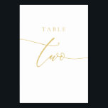 Gold Elegant Script Table Nummer Twee Kaart<br><div class="desc">Ons elegante nummer van de goudkalligrafie-scripttabel is perfect voor uw bruiloft! Deze dubbelzijdige (voor- en achterste) tabelkaart biedt een prachtige en elegante faux gouden folie-typografie op een moderne, minimalistische achtergrond. Elk tabelnummer wordt apart verkocht. *Dit ontwerp is een grafisch afbeelding met hoge resolutie, gemaakt om gouden folie te simuleren, niet...</div>