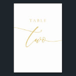 Gold Elegant Script Table Nummer Twee Kaart<br><div class="desc">Ons elegante nummer van de goudkalligrafie-scripttabel is perfect voor uw bruiloft! Deze dubbelzijdige (voor- en achterste) tabelkaart biedt een prachtige en elegante faux gouden folie-typografie op een moderne, minimalistische achtergrond. Elk tabelnummer wordt apart verkocht. *Dit ontwerp is een grafisch afbeelding met hoge resolutie, gemaakt om gouden folie te simuleren, niet...</div>