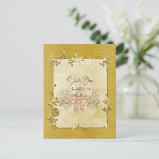 Gold Elegant Sparkly Frame Save the Date Briefkaart (Staand voorkant)