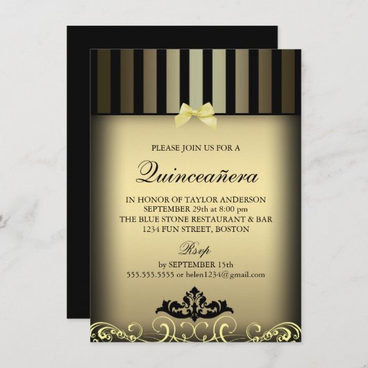 Gold Elegant Stripe Quinceañera Party Uitnodigen Kaart (Voorkant / Achterkant)