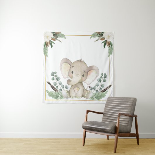 Gold Elephant Baby shower Backdrop Wandkleed (In situ)